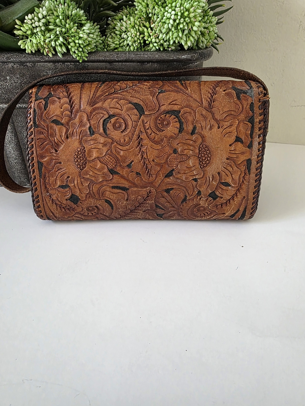 Vintage Roth & Madge Swarovski Crystal Tooled Leather Mini Bag Wristlet - Picture 8 of 17